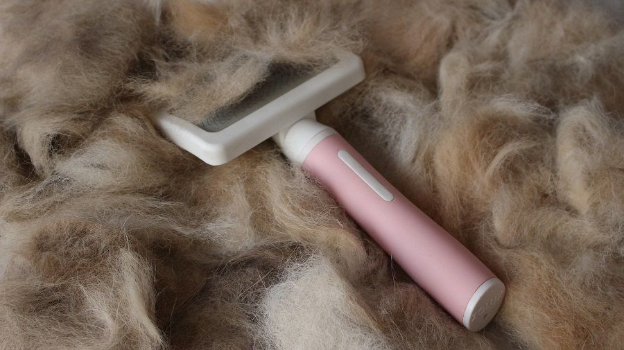 A pink and white pet grooming brush sits on a large pile of shed dog hair.