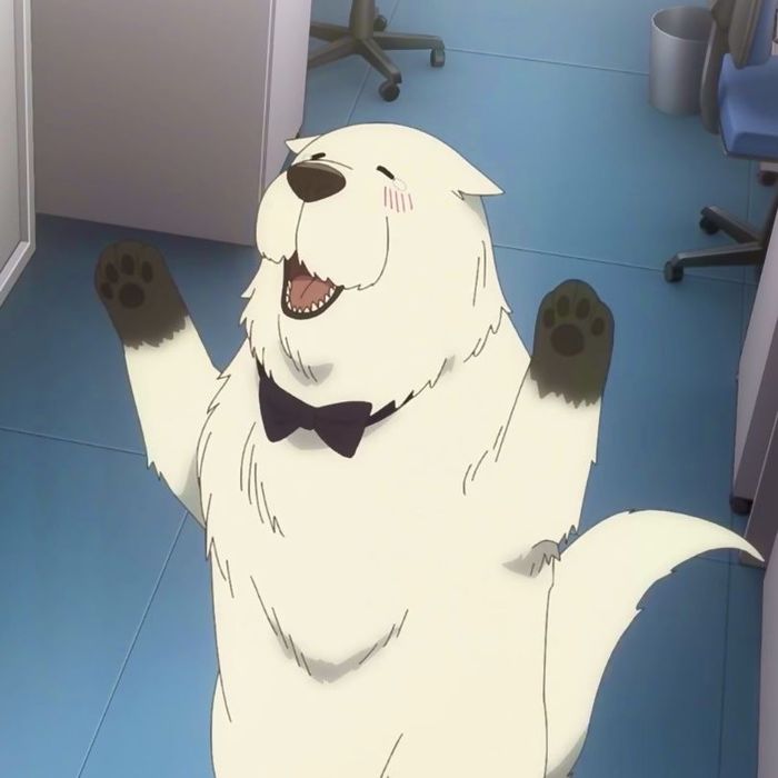 Bond, a large white anime dog wearing a black bow tie, stands excitedly with his paws raised.