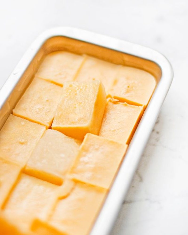 Frozen square grain-free dog treats in a metal tray, a healthy DIY recipe for dogs.