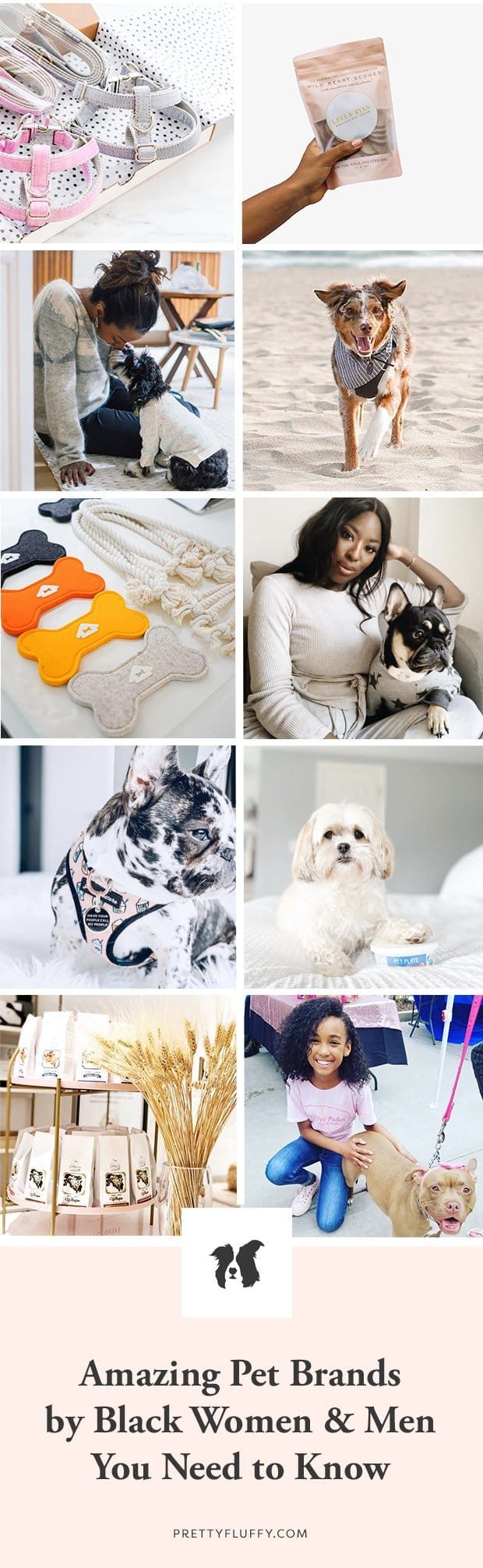 Collage showcasing Black-owned pet brand products including dog harnesses, treats, and stylish accessories.