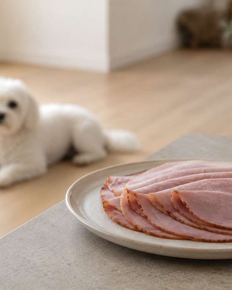 Sliced ham on a plate on a counter with a small white dog lying on the floor in the background.