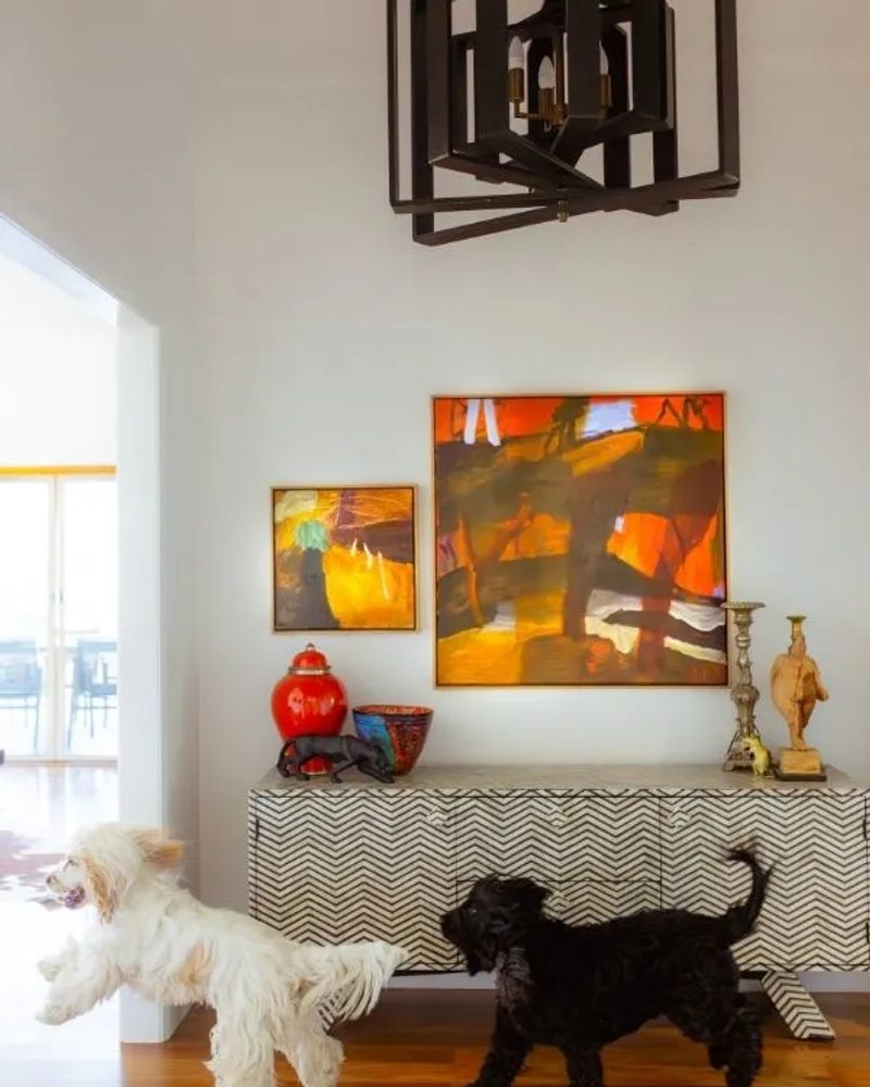 Two happy dogs playing inside a stylish room at a pet-friendly travel accommodation.