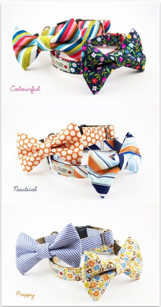 Silly Buddy bow tie dog collars in colorful, nautical, and preppy spring patterns like floral, stripes, and polka dots.