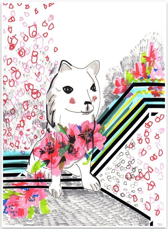 Whimsical spring dog illustration of a fluffy white dog adorned with vibrant pink floral patterns.