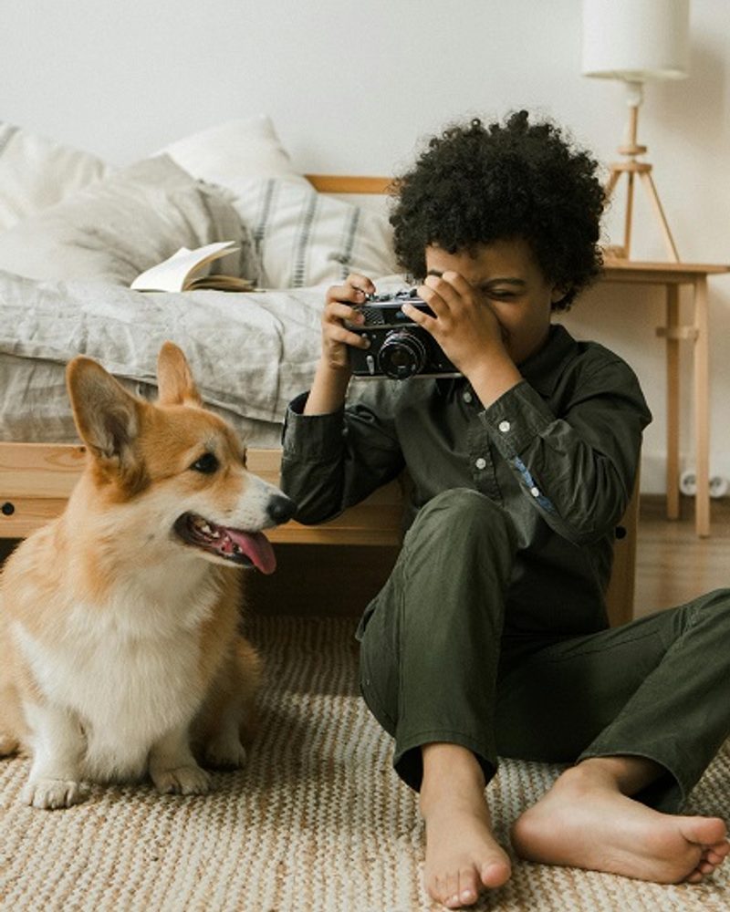 Young boy photographing his pet Corgi dog, showing the companionship and amazing benefits of dogs for kids.