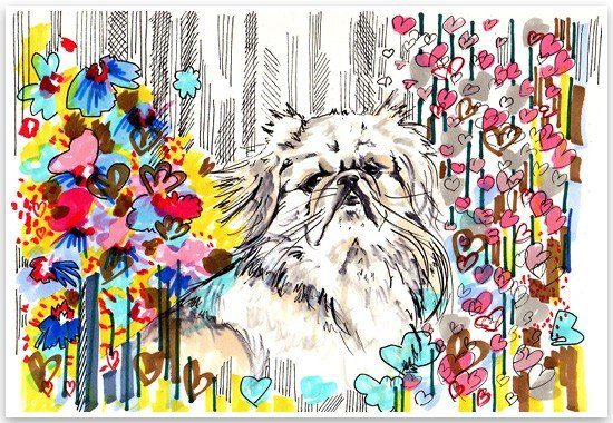 Colorful spring illustration of a fluffy Pekingese dog surrounded by vibrant flowers and pink hearts.