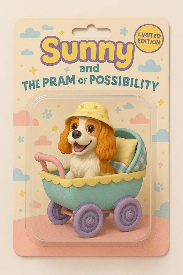 AI action figure in box trend of Sunny the dog in a pram