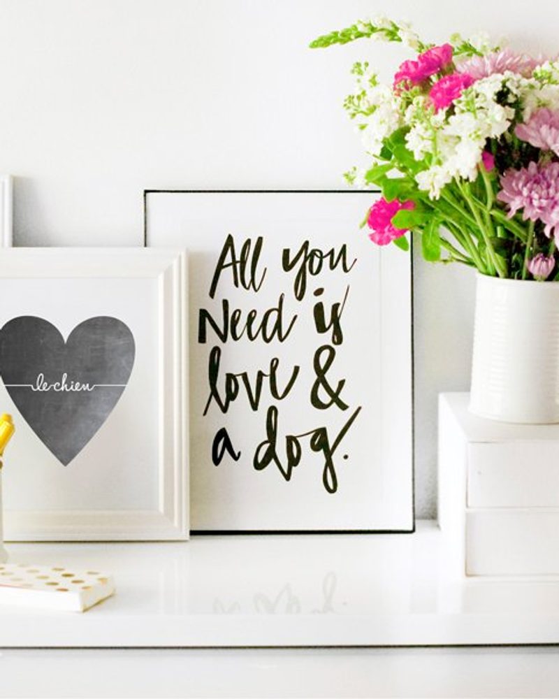Pretty Fluffy Shop dog-themed art prints featuring 'Must Love Dogs' and 'All you need is love & a dog' framed quotes.