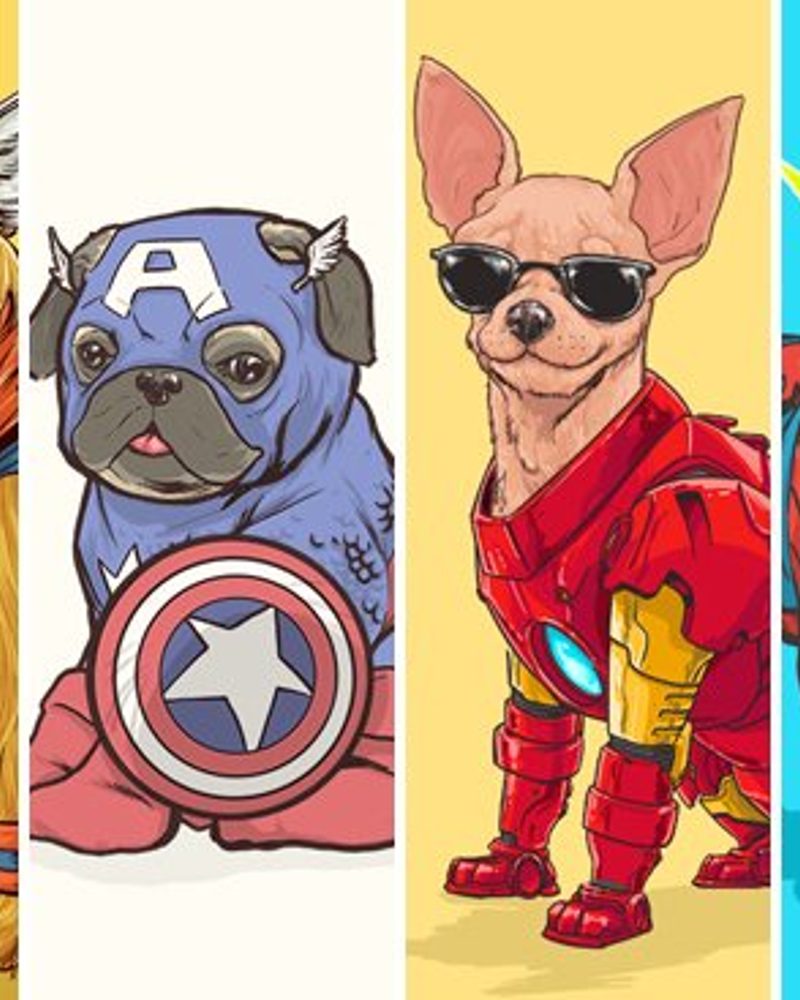 Illustrated dogs dressed as Marvel superheroes, including Thor, Captain America, Iron Man, and Spider-Man.