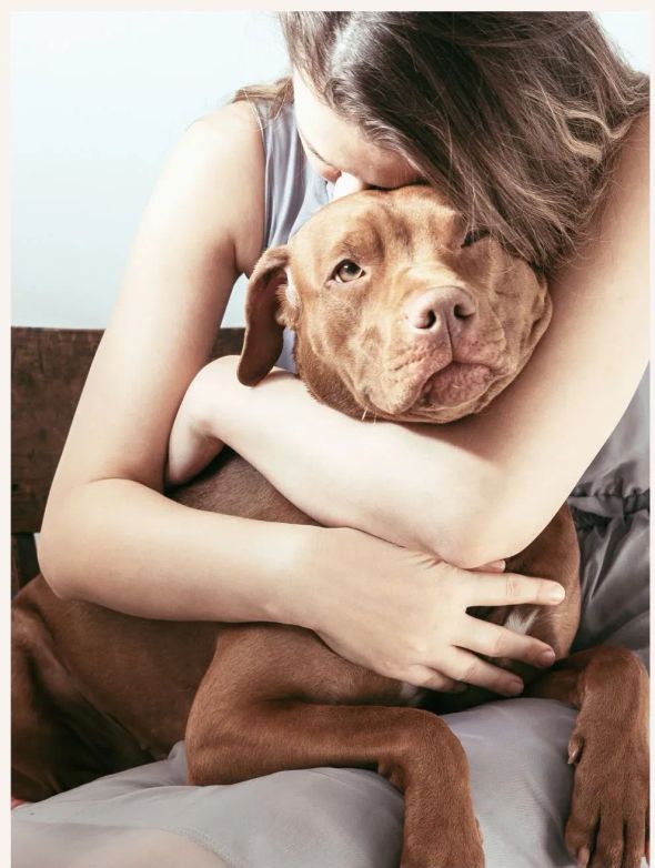Woman hugging her brown dog, illustrating the emotional health and wellbeing benefits of pet companionship.