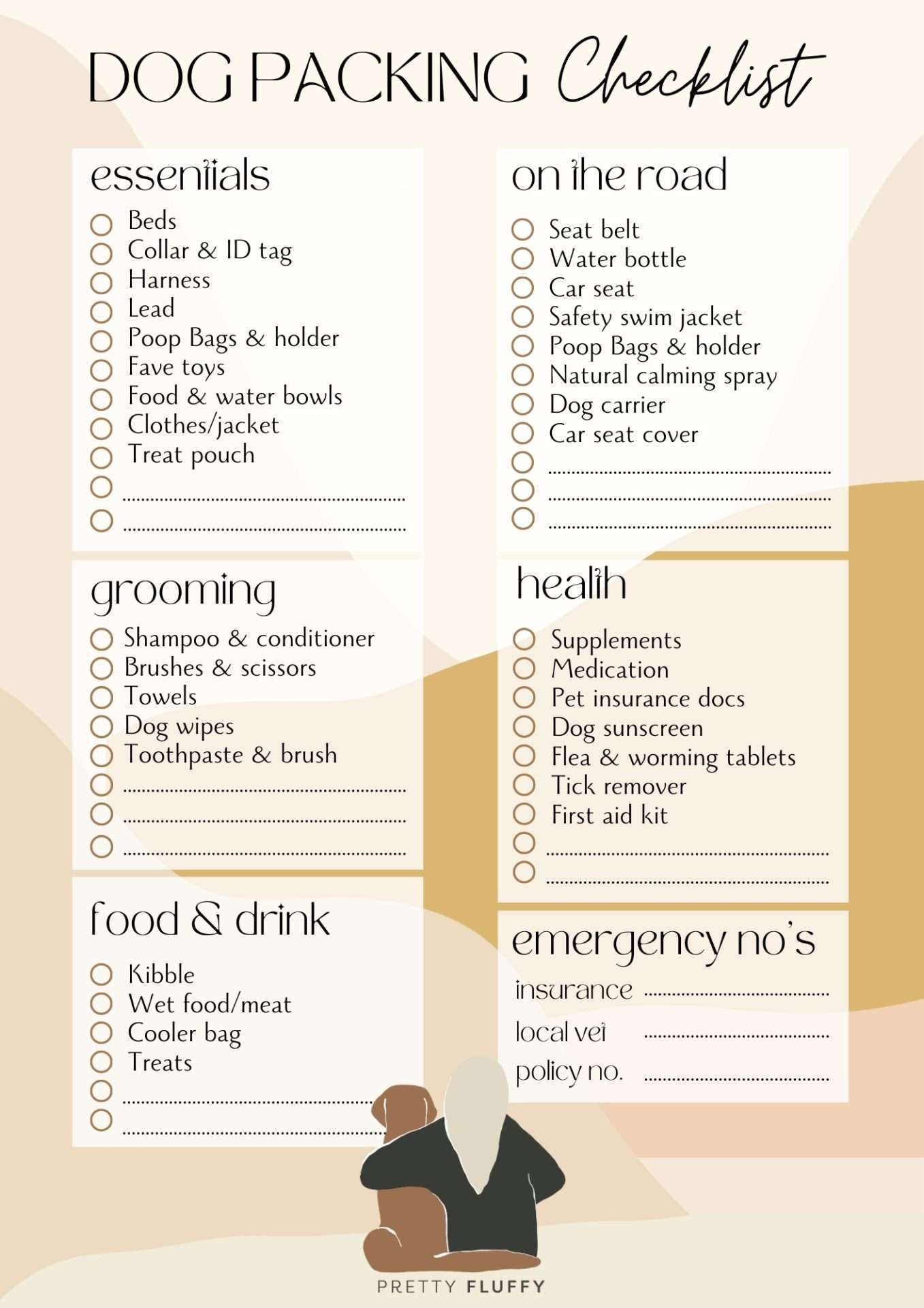 Dog packing checklist for pet travel featuring categories for essentials, grooming, health, and road trip must-haves.