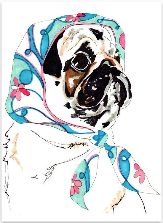 Stylish pug wearing a colorful floral headscarf in a chic spring fashion illustration for dog lovers.