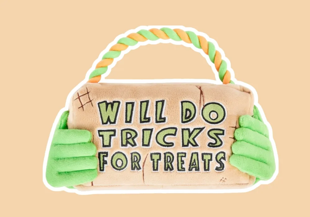 Frisco Halloween "Will Do Tricks For Treats" Sign Plush With Rope Squeaky Dog Toy