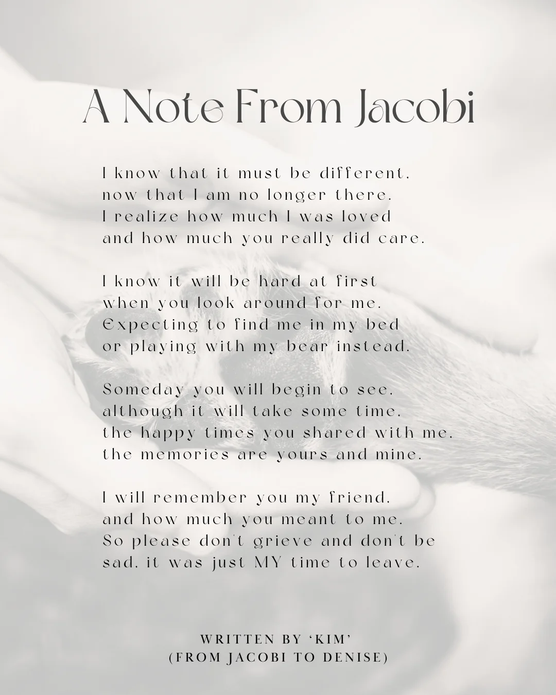 A Note From Jacobi - pet loss poem on grey and white background