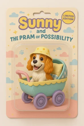 AI action figure in box trend of Sunny the dog in a pram
