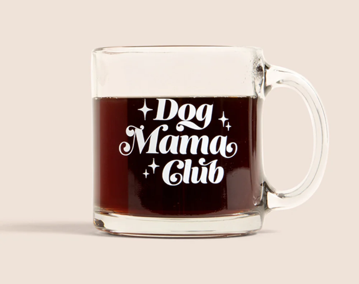 glass dog mom mug that says 'Dog Mama Club' on it