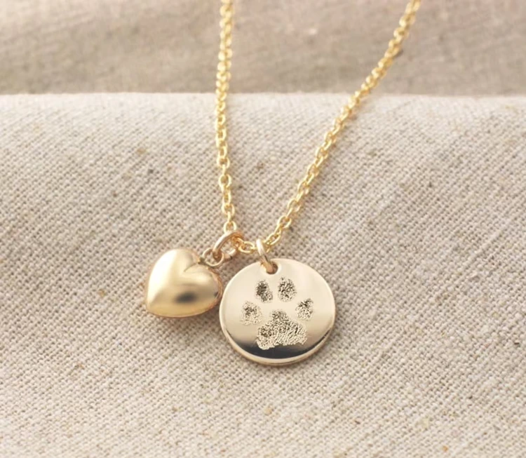 custom Paw Print necklace with gold heart charm 